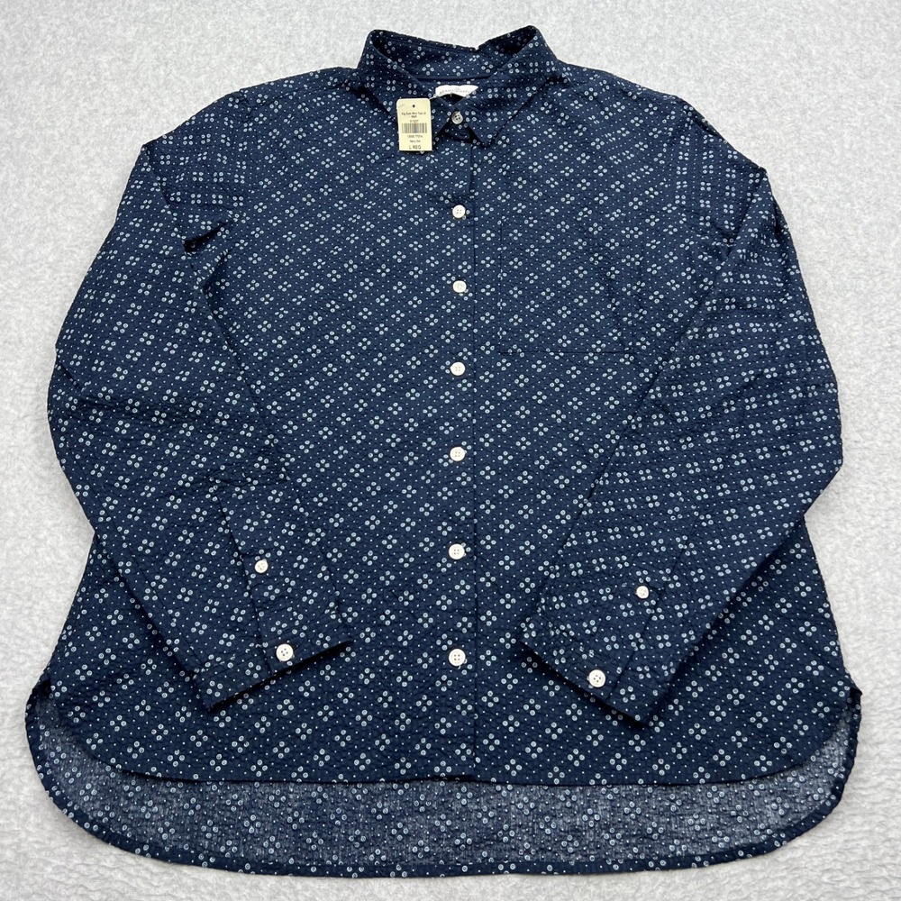 NEW LL Bean Signature Top Women's Large Navy Dot Long Sleeve Woven Button Up
